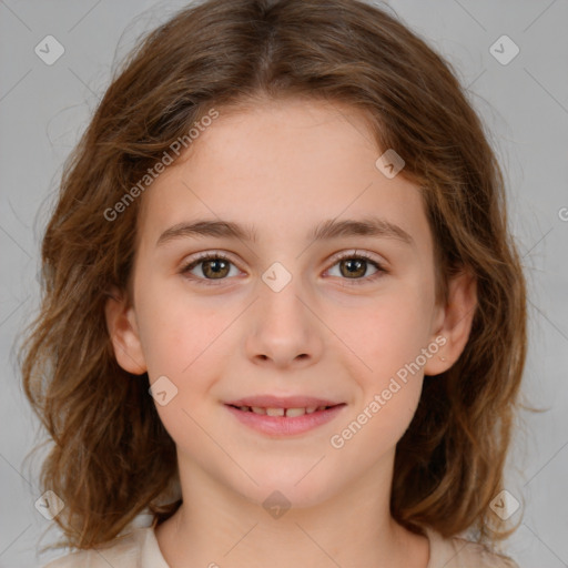 Joyful white child female with medium  brown hair and brown eyes