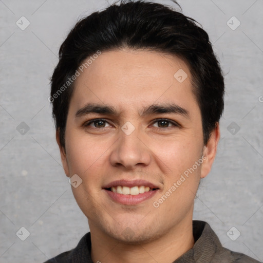 Joyful white young-adult male with short  black hair and brown eyes