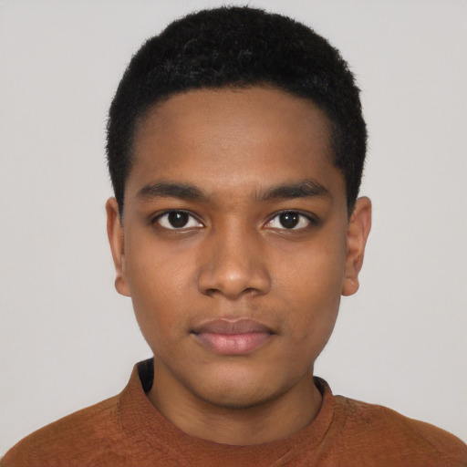 Neutral black young-adult male with short  black hair and brown eyes