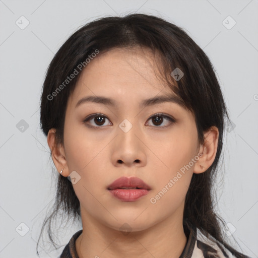 Neutral asian young-adult female with medium  brown hair and brown eyes