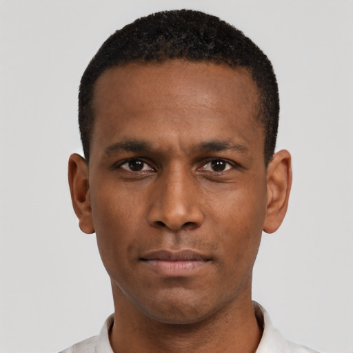 Neutral black young-adult male with short  black hair and brown eyes