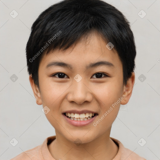 Joyful asian young-adult female with short  black hair and brown eyes
