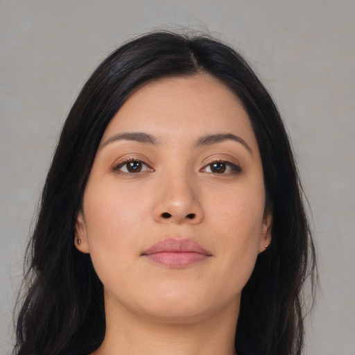 Neutral asian young-adult female with long  black hair and brown eyes
