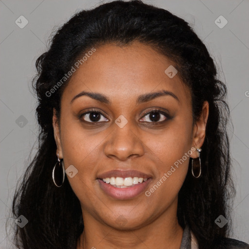 Joyful latino young-adult female with long  brown hair and brown eyes