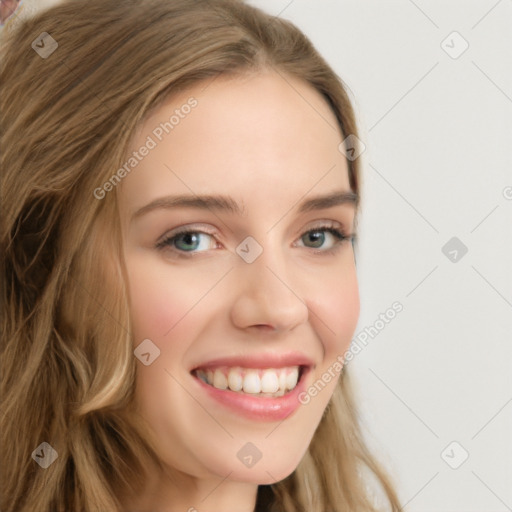 Joyful white young-adult female with long  brown hair and green eyes