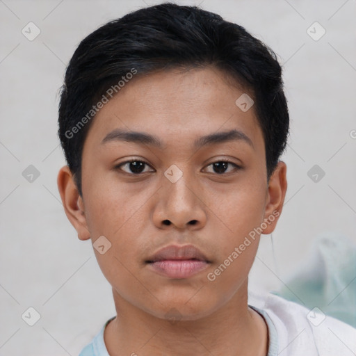 Neutral asian young-adult female with short  black hair and brown eyes