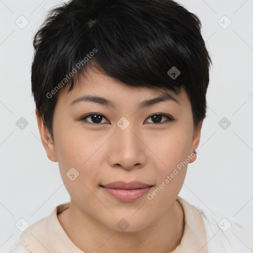 Joyful asian young-adult female with short  brown hair and brown eyes