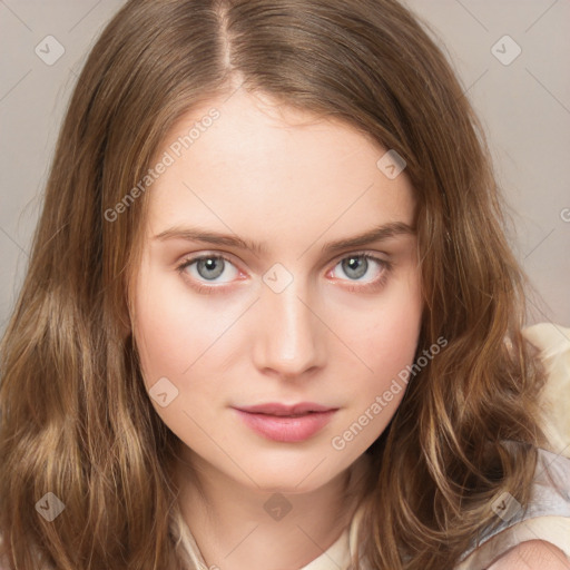 Neutral white young-adult female with medium  brown hair and grey eyes