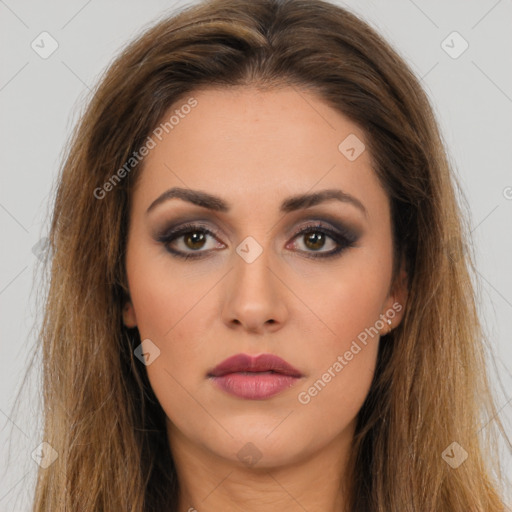 Neutral white young-adult female with long  brown hair and brown eyes