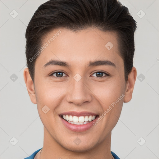 Joyful white young-adult female with short  brown hair and brown eyes