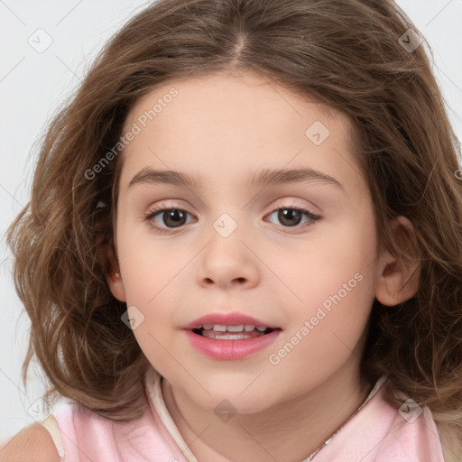 Joyful white child female with medium  brown hair and brown eyes