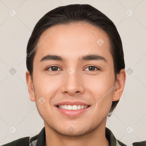 Joyful white young-adult male with short  brown hair and brown eyes