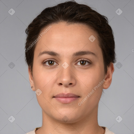 Neutral white young-adult female with short  brown hair and brown eyes