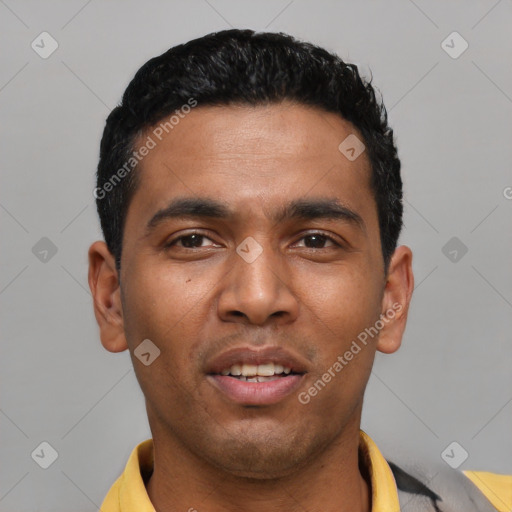 Joyful latino young-adult male with short  black hair and brown eyes