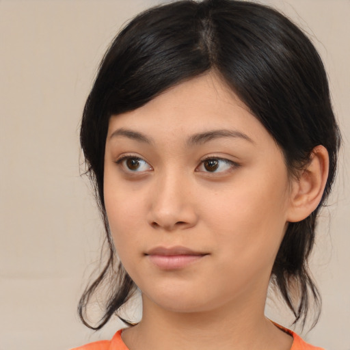 Neutral asian young-adult female with medium  brown hair and brown eyes