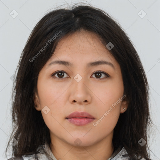 Neutral asian young-adult female with medium  brown hair and brown eyes