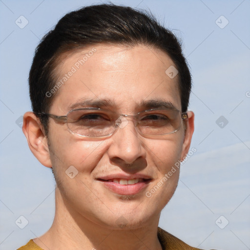 Joyful white adult male with short  brown hair and brown eyes