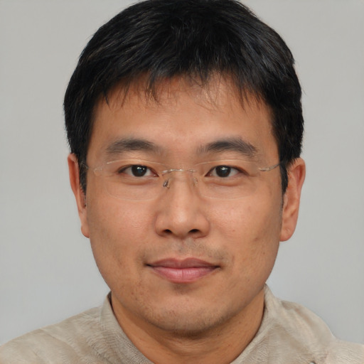 Neutral asian adult male with short  brown hair and brown eyes