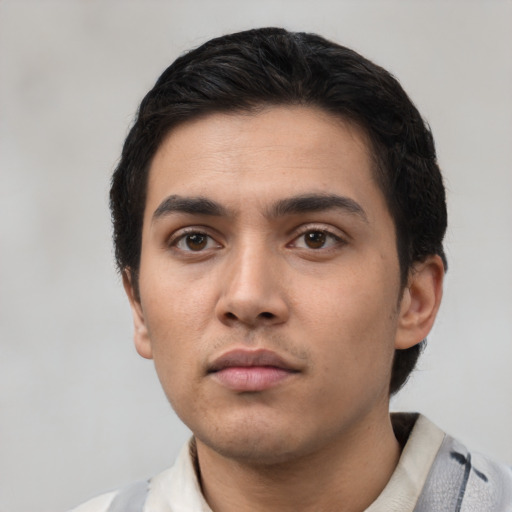 Neutral latino young-adult male with short  black hair and brown eyes