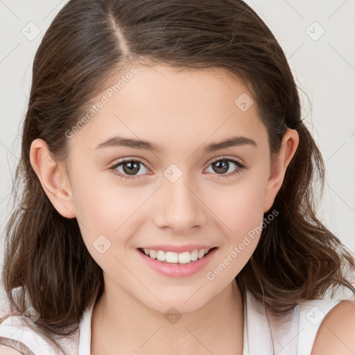 Joyful white child female with medium  brown hair and brown eyes