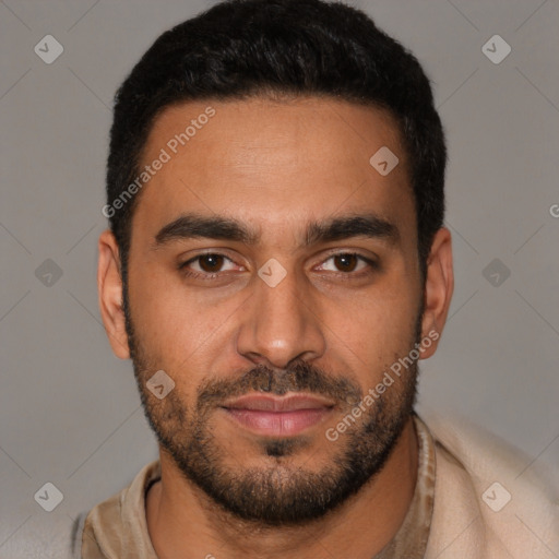 Joyful latino young-adult male with short  black hair and brown eyes