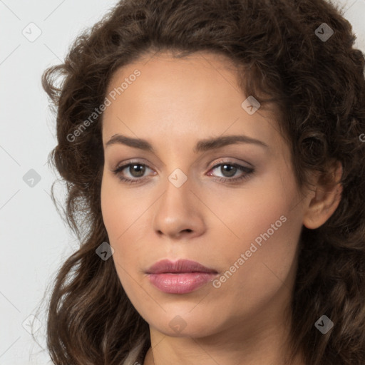 Neutral white young-adult female with long  brown hair and brown eyes