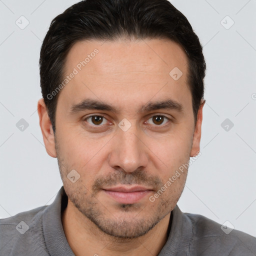 Joyful white young-adult male with short  brown hair and brown eyes