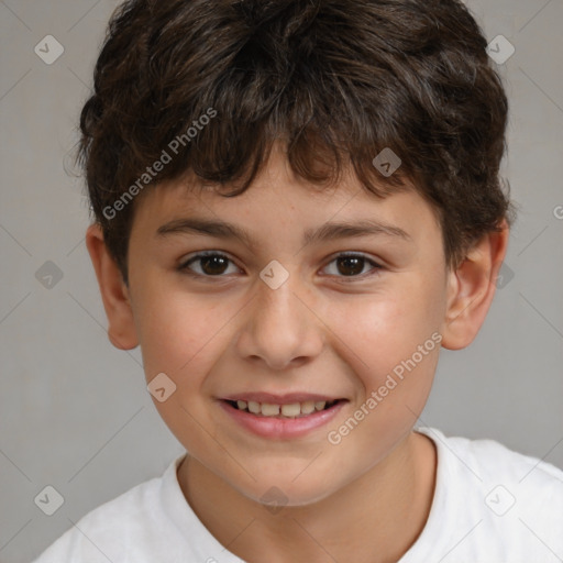 Joyful white child male with short  brown hair and brown eyes