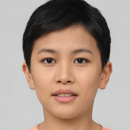 Neutral asian young-adult female with short  brown hair and brown eyes