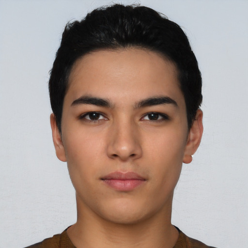 Neutral asian young-adult male with short  black hair and brown eyes