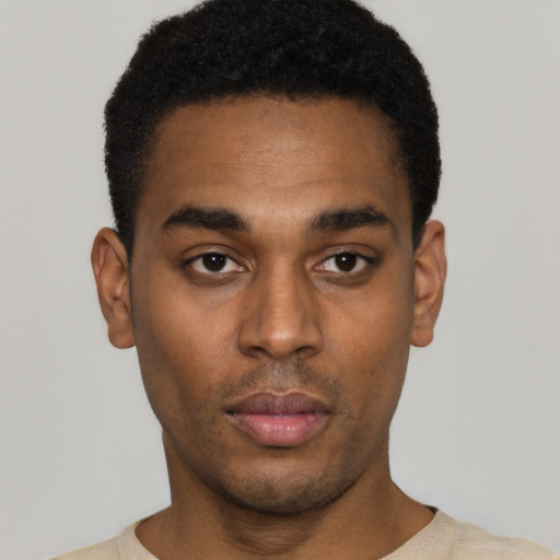 Neutral black young-adult male with short  black hair and brown eyes
