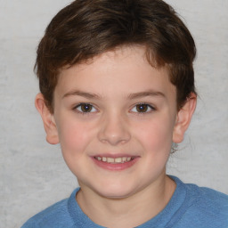 Joyful white child female with short  brown hair and brown eyes