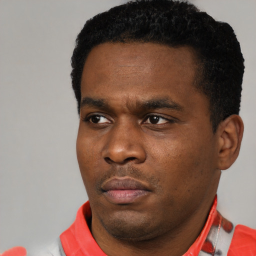 Neutral black young-adult male with short  black hair and brown eyes