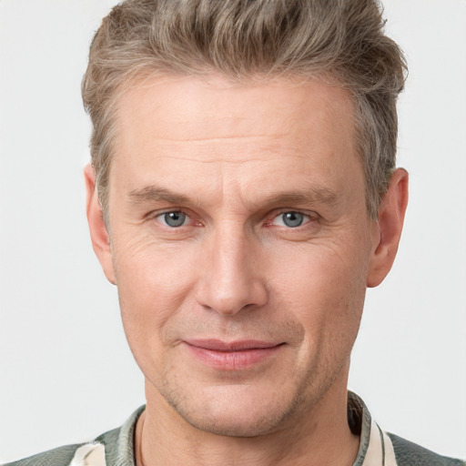 Joyful white adult male with short  brown hair and grey eyes