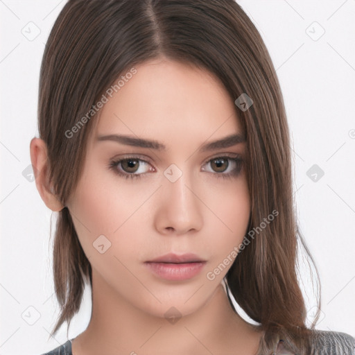 Neutral white young-adult female with medium  brown hair and brown eyes