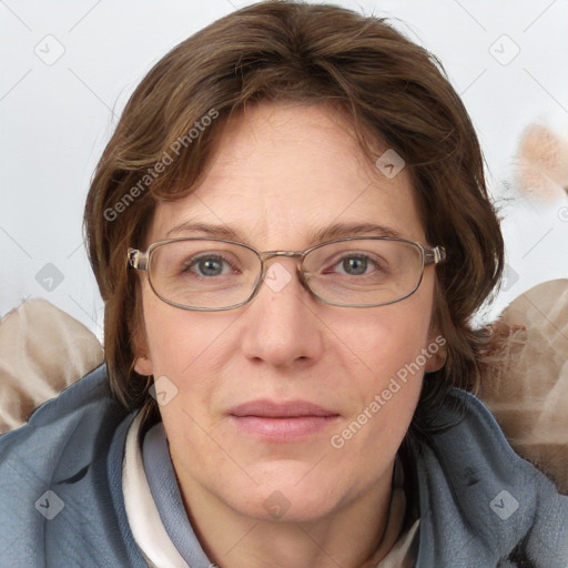 Joyful white adult female with medium  brown hair and blue eyes