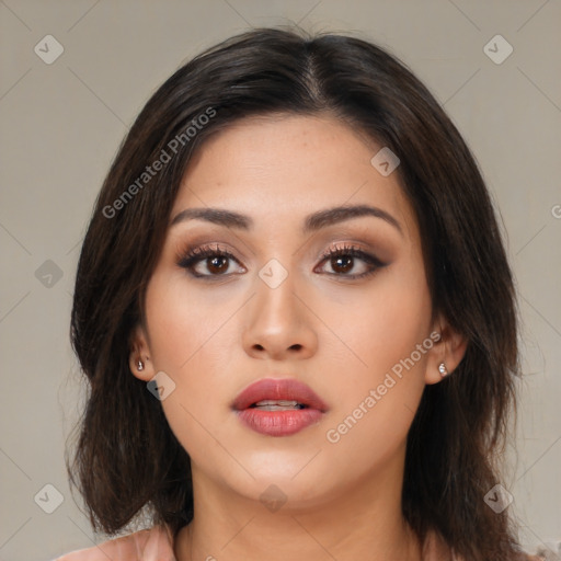 Neutral asian young-adult female with medium  brown hair and brown eyes