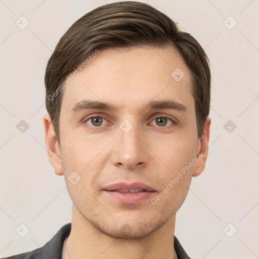 Neutral white young-adult male with short  brown hair and brown eyes