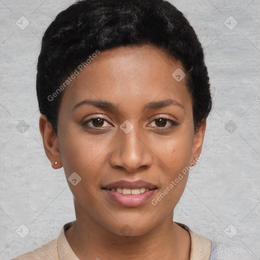 Joyful black young-adult female with short  brown hair and brown eyes