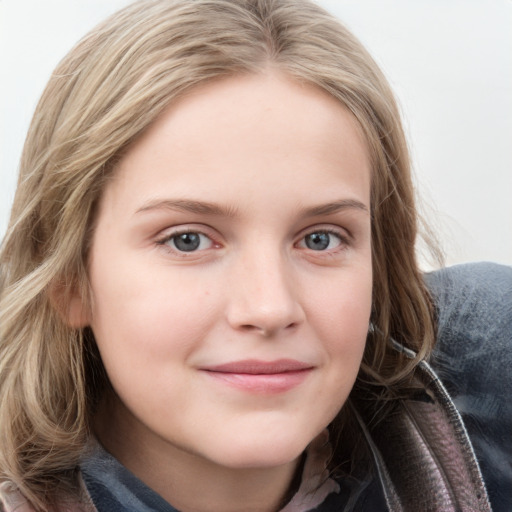 Joyful white child female with medium  brown hair and blue eyes