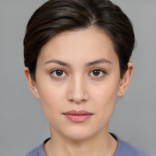Neutral white young-adult female with medium  brown hair and brown eyes