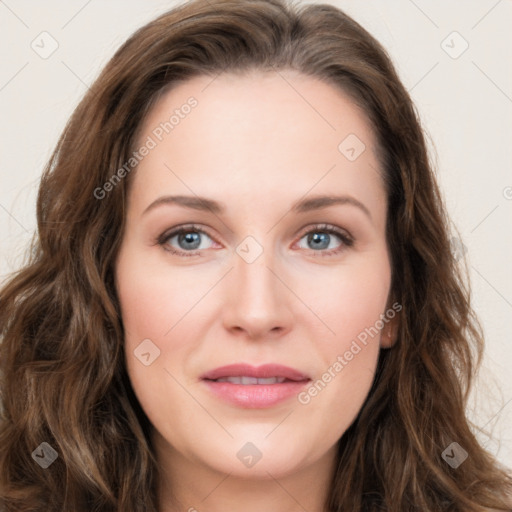 Joyful white young-adult female with long  brown hair and green eyes