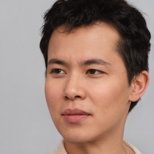 Neutral asian young-adult male with short  brown hair and brown eyes