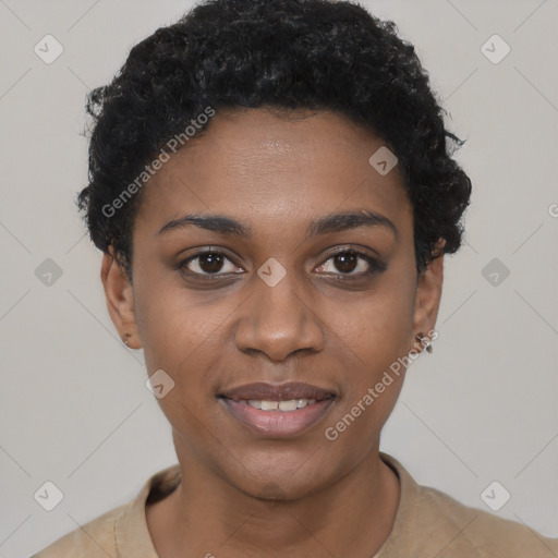 Joyful black young-adult female with short  black hair and brown eyes