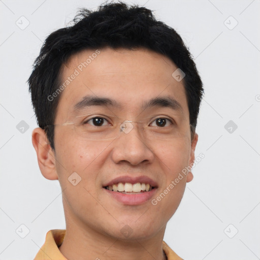 Joyful white young-adult male with short  black hair and brown eyes