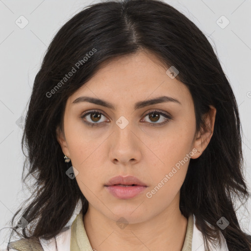 Neutral asian young-adult female with long  brown hair and brown eyes