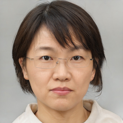 Neutral white adult female with medium  brown hair and brown eyes