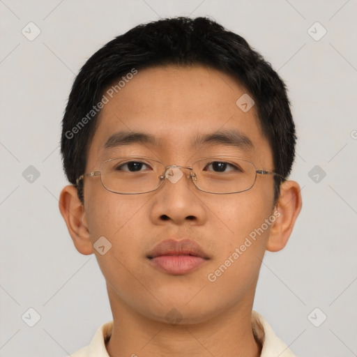Neutral asian young-adult male with short  brown hair and brown eyes