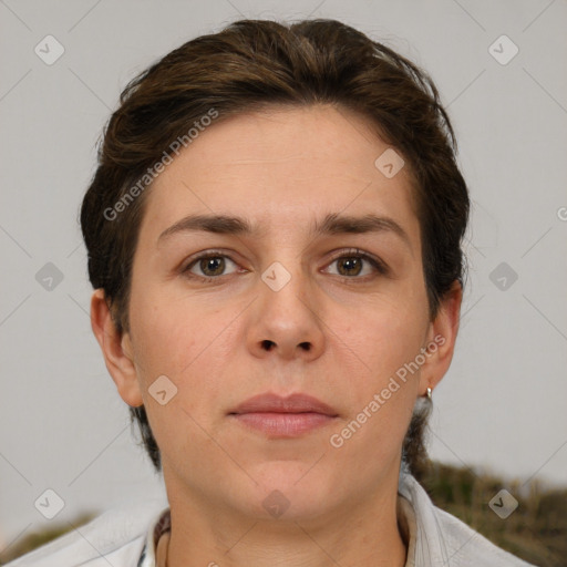 Neutral white young-adult female with short  brown hair and brown eyes