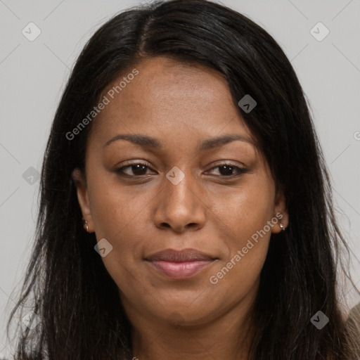 Joyful asian young-adult female with long  brown hair and brown eyes
